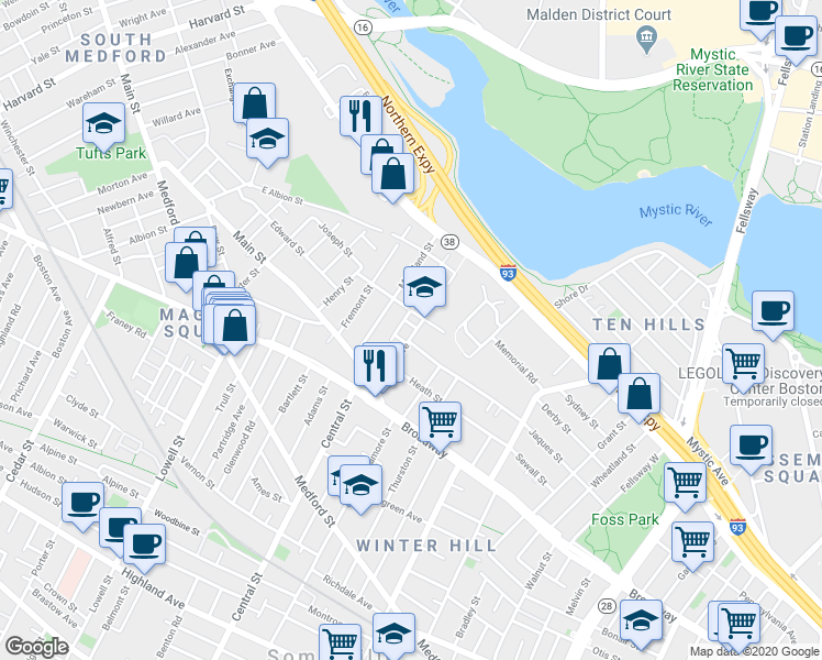 map of restaurants, bars, coffee shops, grocery stores, and more near 53 Moreland Street in Somerville