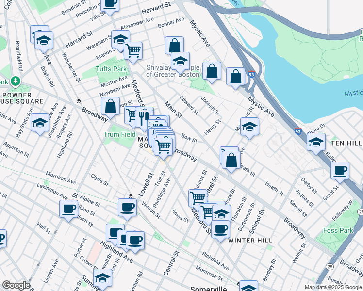 map of restaurants, bars, coffee shops, grocery stores, and more near 89 Bow Street in Medford