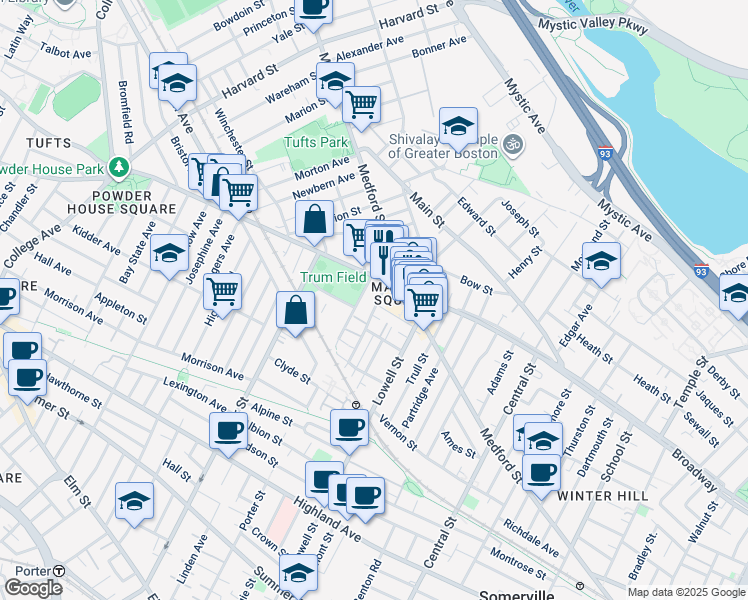 map of restaurants, bars, coffee shops, grocery stores, and more near 10 Charles E Ryan Road in Somerville