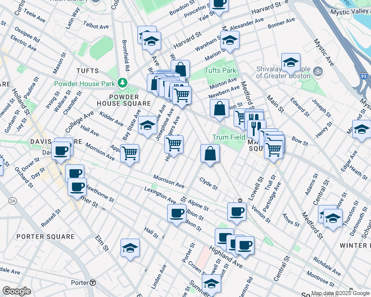map of restaurants, bars, coffee shops, grocery stores, and more near 90 Prichard Avenue in Somerville