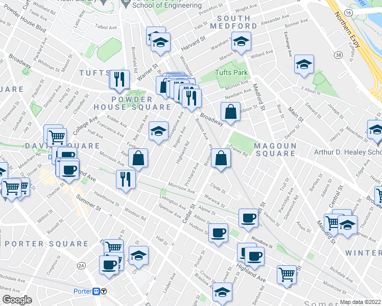 map of restaurants, bars, coffee shops, grocery stores, and more near 90 Highland Road in Somerville