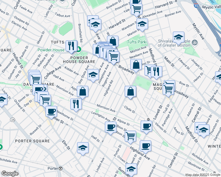 map of restaurants, bars, coffee shops, grocery stores, and more near 90 Highland Road in Somerville