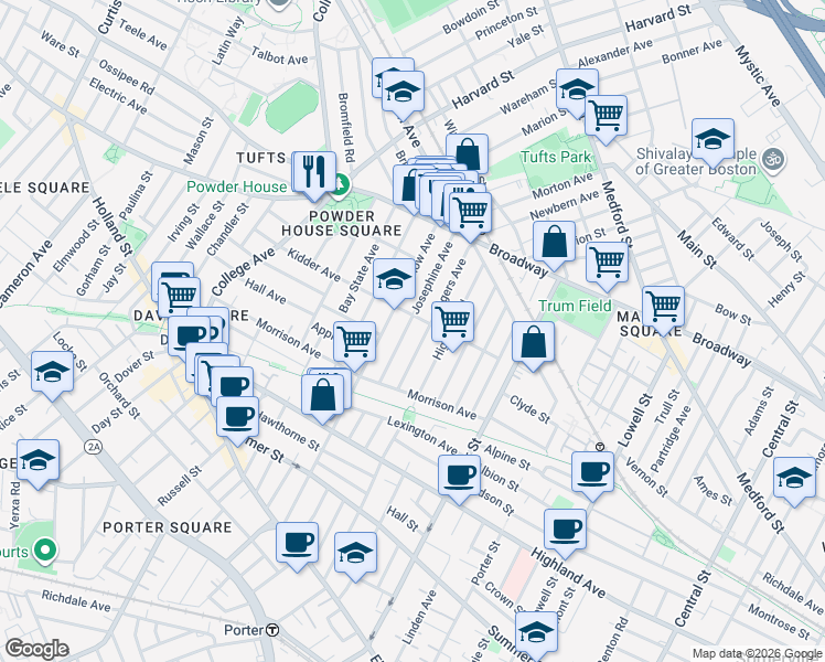 map of restaurants, bars, coffee shops, grocery stores, and more near 65 Josephine Avenue in Somerville