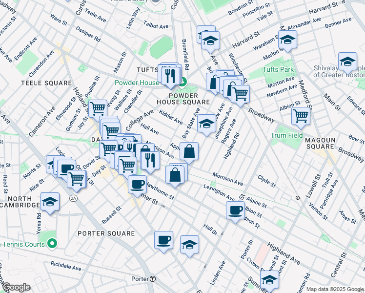 map of restaurants, bars, coffee shops, grocery stores, and more near 91 Bay State Avenue in Somerville