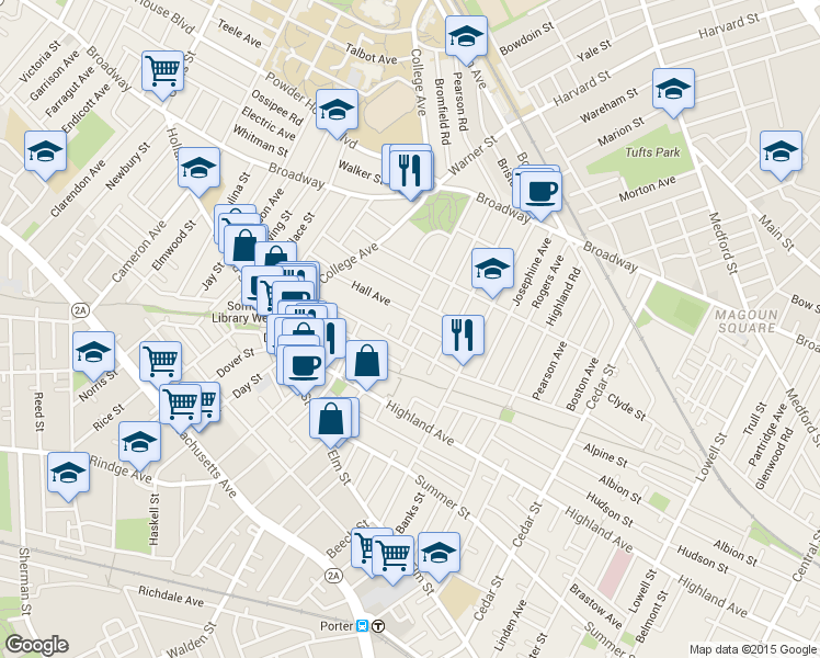 map of restaurants, bars, coffee shops, grocery stores, and more near 63 Hall Avenue in Somerville