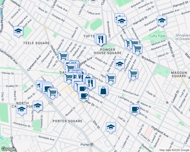 map of restaurants, bars, coffee shops, grocery stores, and more near 63 Hall Avenue in Somerville