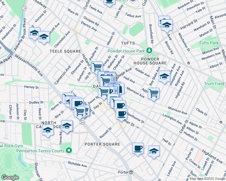 map of restaurants, bars, coffee shops, grocery stores, and more near 10 Winslow Avenue in Somerville