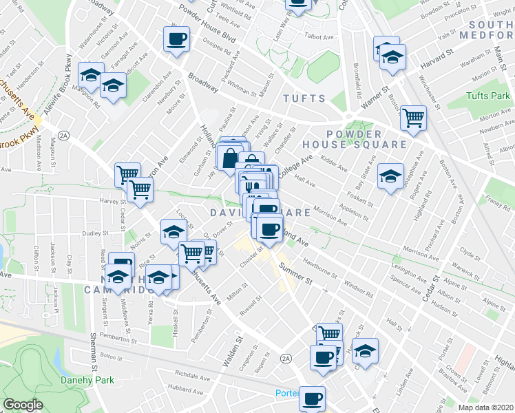 map of restaurants, bars, coffee shops, grocery stores, and more near in Somerville