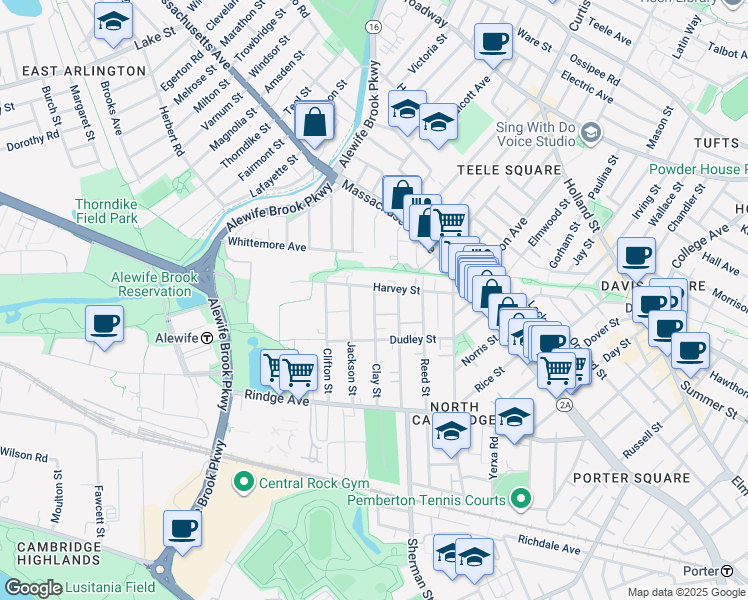 map of restaurants, bars, coffee shops, grocery stores, and more near 137 Harvey Street in Cambridge