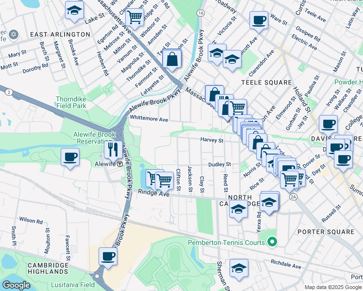 map of restaurants, bars, coffee shops, grocery stores, and more near 190 Harvey Street in Cambridge