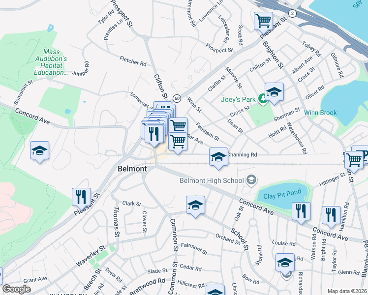 map of restaurants, bars, coffee shops, grocery stores, and more near 20 Cross Street in Belmont