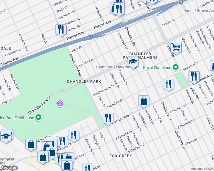 map of restaurants, bars, coffee shops, grocery stores, and more near 5540 Coplin Street in Detroit