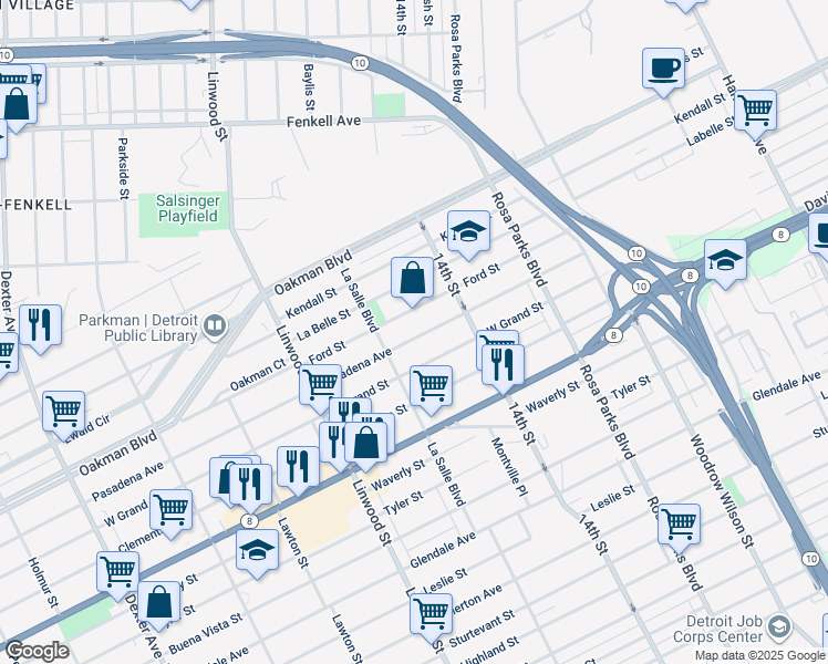 map of restaurants, bars, coffee shops, grocery stores, and more near 2287 Ford Street in Detroit