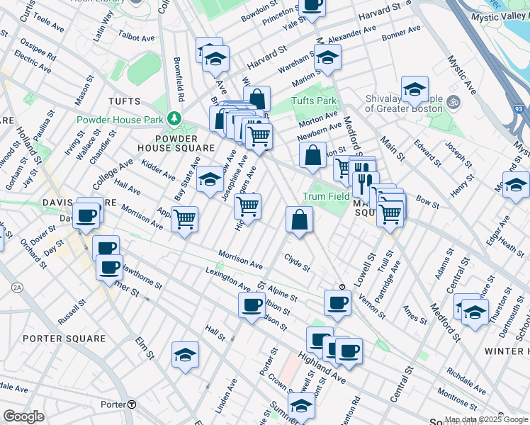 map of restaurants, bars, coffee shops, grocery stores, and more near 90 Prichard Avenue in Somerville