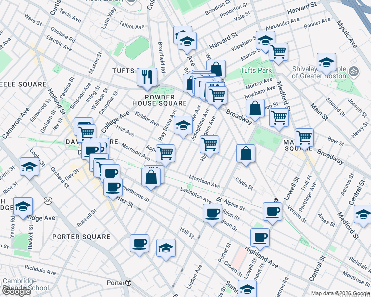 map of restaurants, bars, coffee shops, grocery stores, and more near 65 Josephine Avenue in Somerville