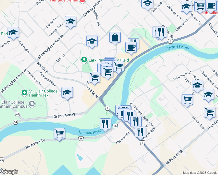 map of restaurants, bars, coffee shops, grocery stores, and more near 635 Grand Avenue West in Chatham-Kent