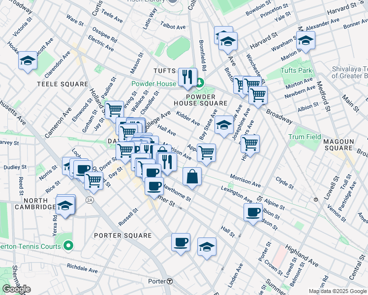 map of restaurants, bars, coffee shops, grocery stores, and more near 63 Hall Avenue in Somerville