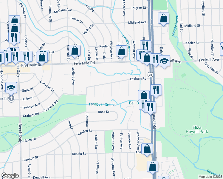 map of restaurants, bars, coffee shops, grocery stores, and more near 24609 Graham Road in Redford Charter Township