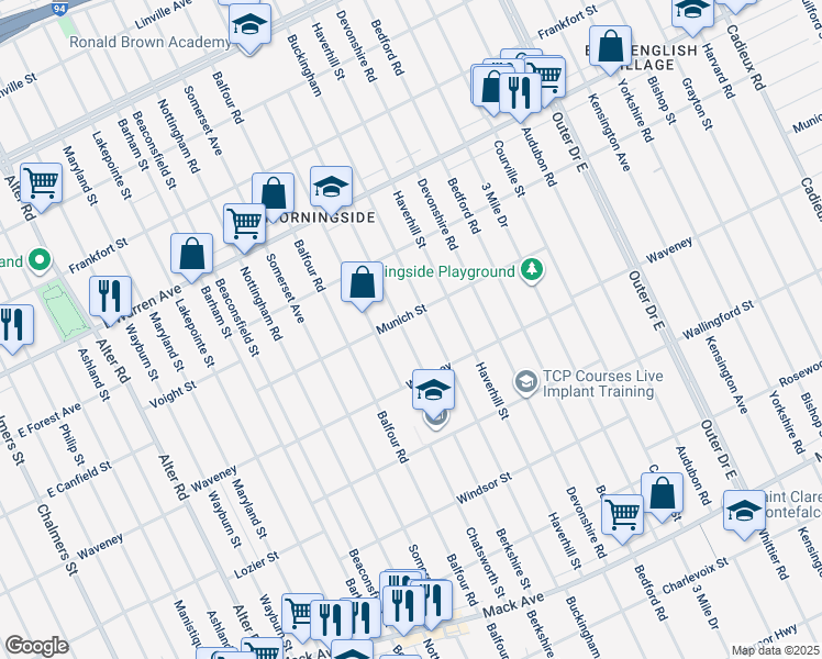 map of restaurants, bars, coffee shops, grocery stores, and more near 4600 Berkshire Street in Detroit