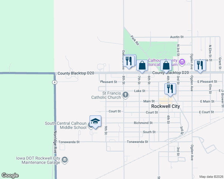 map of restaurants, bars, coffee shops, grocery stores, and more near 825 Pleasant Street in Rockwell City