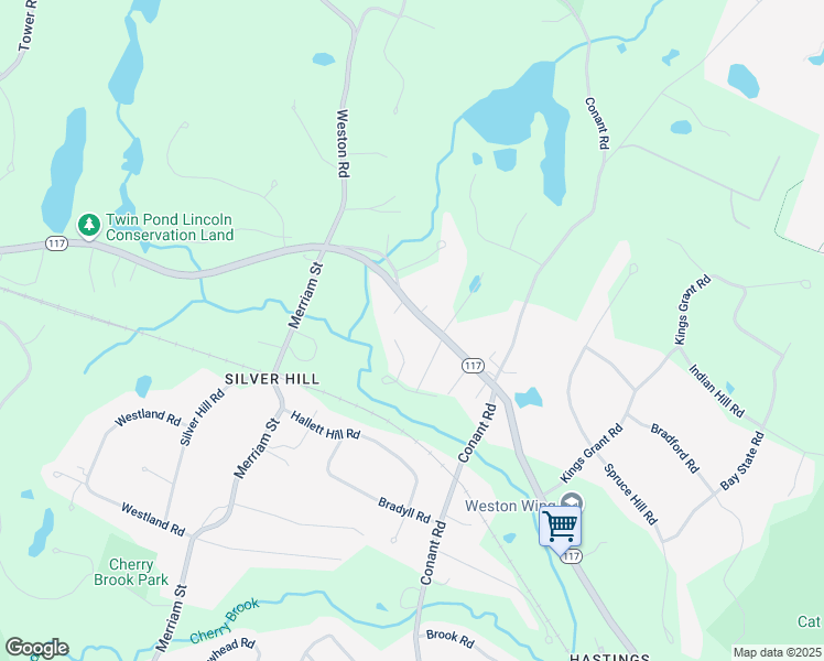 map of restaurants, bars, coffee shops, grocery stores, and more near 415 Massachusetts 117 in Weston