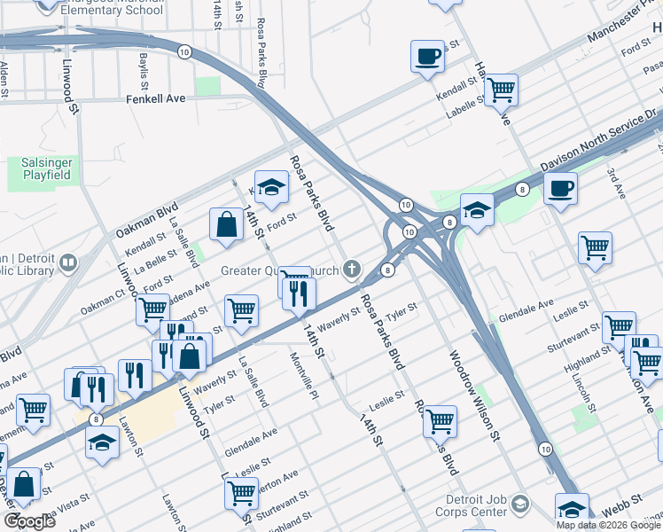 map of restaurants, bars, coffee shops, grocery stores, and more near 1941 Grand Street in Detroit