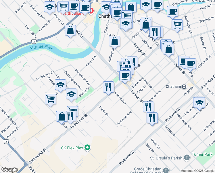 map of restaurants, bars, coffee shops, grocery stores, and more near 130 Inshes Avenue in Chatham