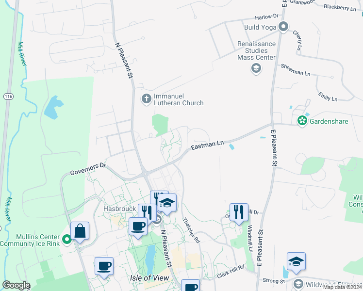 map of restaurants, bars, coffee shops, grocery stores, and more near North Thatcher Street in Amherst