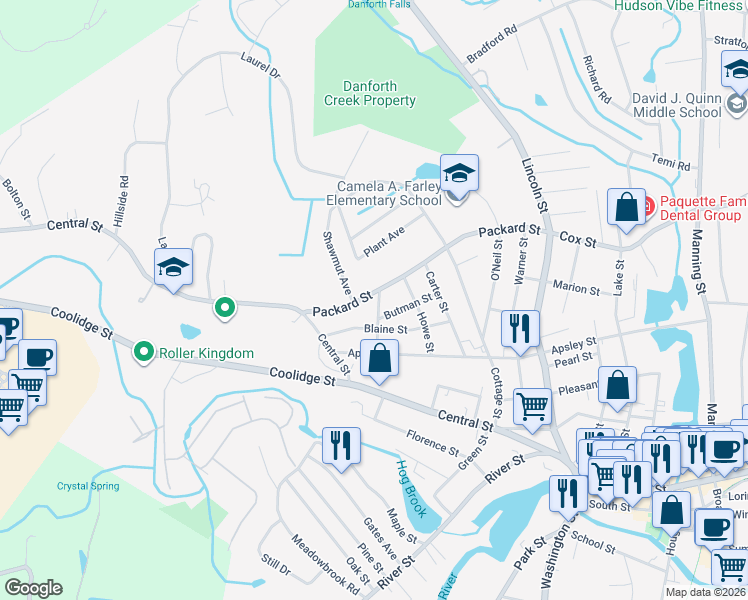 map of restaurants, bars, coffee shops, grocery stores, and more near 45 Packard Street in Hudson