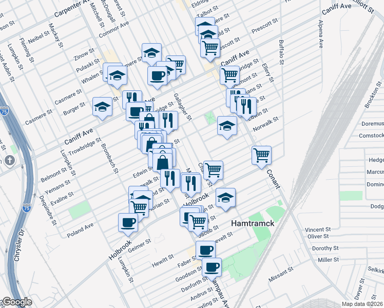 map of restaurants, bars, coffee shops, grocery stores, and more near 9519 Charest Street in Hamtramck