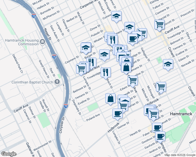 map of restaurants, bars, coffee shops, grocery stores, and more near 2151 Trowbridge Street in Hamtramck