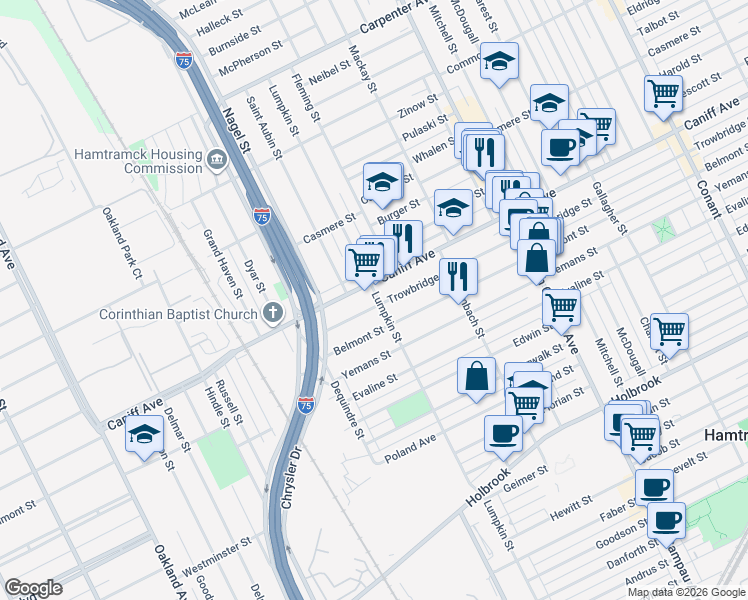 map of restaurants, bars, coffee shops, grocery stores, and more near 2200 Caniff Street in Hamtramck