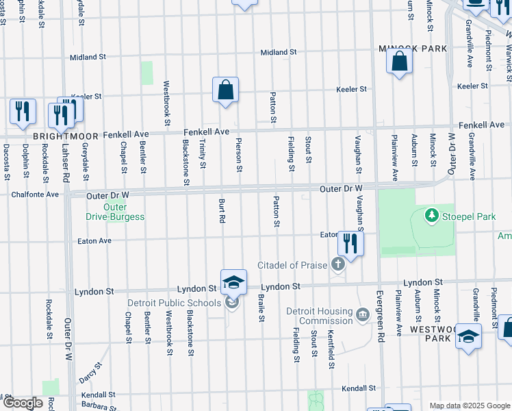map of restaurants, bars, coffee shops, grocery stores, and more near 10931 Outer Drive West in Detroit