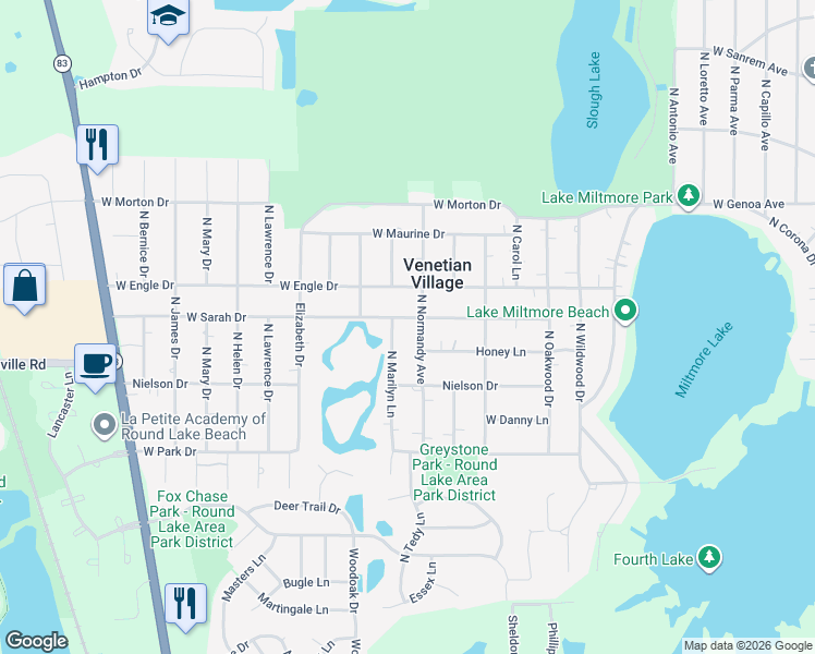 map of restaurants, bars, coffee shops, grocery stores, and more near 21492 West Sarah Drive in Lake Villa