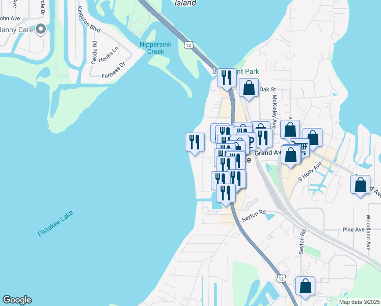 map of restaurants, bars, coffee shops, grocery stores, and more near 4 North Pistakee Lake Road in Fox Lake