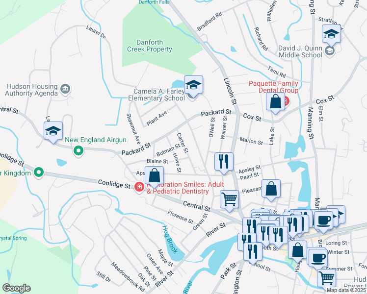 map of restaurants, bars, coffee shops, grocery stores, and more near 2 Butman Street in Hudson
