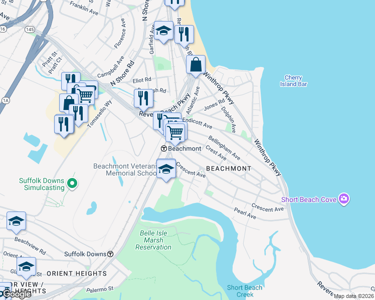 map of restaurants, bars, coffee shops, grocery stores, and more near 42 Bradstreet Avenue in Revere