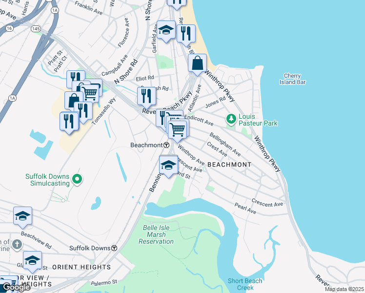 map of restaurants, bars, coffee shops, grocery stores, and more near 42 Bradstreet Avenue in Revere