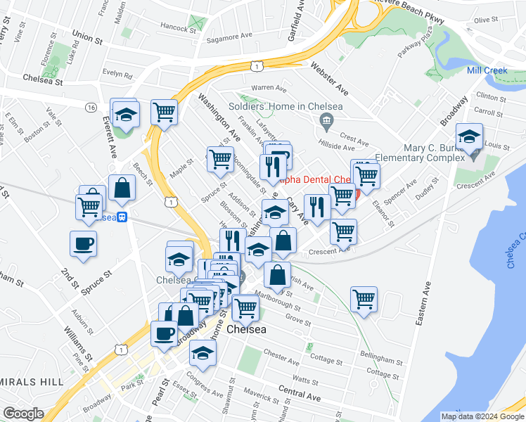 map of restaurants, bars, coffee shops, grocery stores, and more near 38 Eden Street in Chelsea