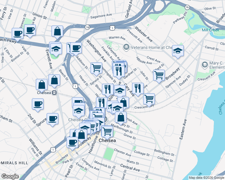 map of restaurants, bars, coffee shops, grocery stores, and more near 38 Eden Street in Chelsea