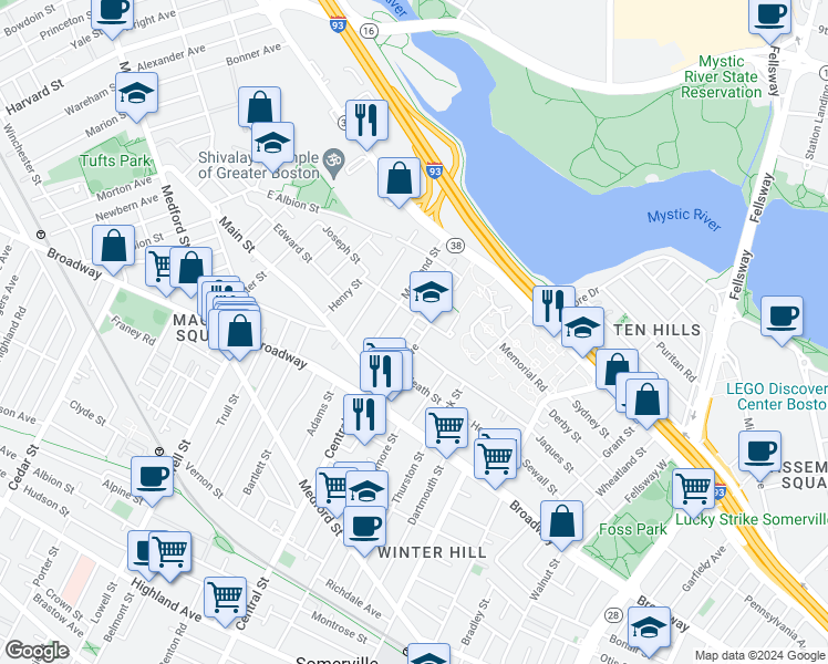 map of restaurants, bars, coffee shops, grocery stores, and more near 53 Moreland Street in Somerville