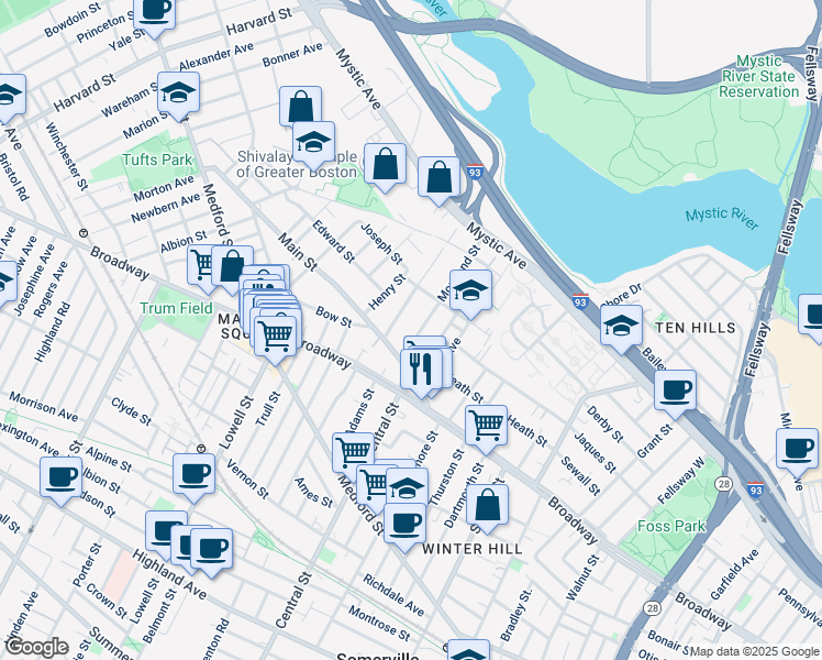 map of restaurants, bars, coffee shops, grocery stores, and more near 25 Fremont Street in Somerville