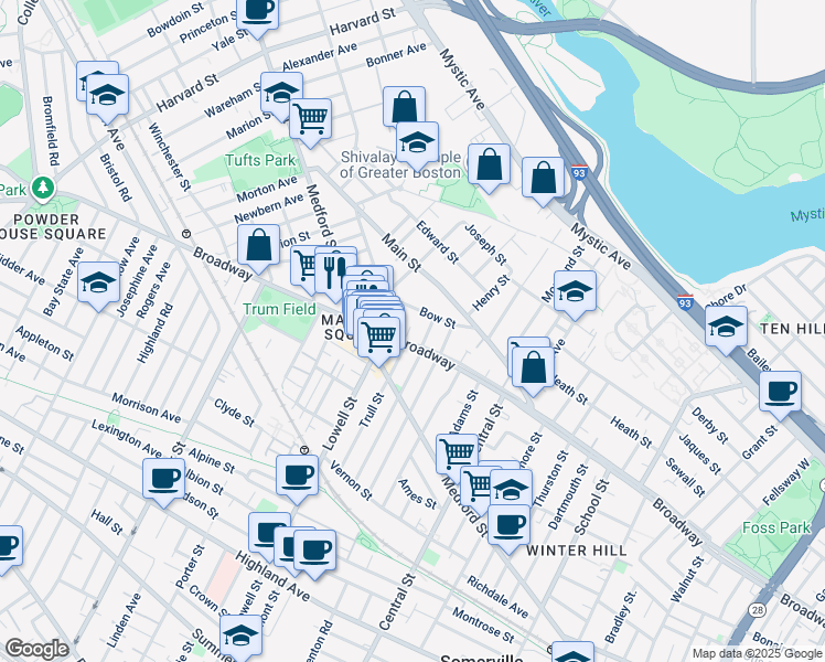 map of restaurants, bars, coffee shops, grocery stores, and more near 89 Bow Street in Medford