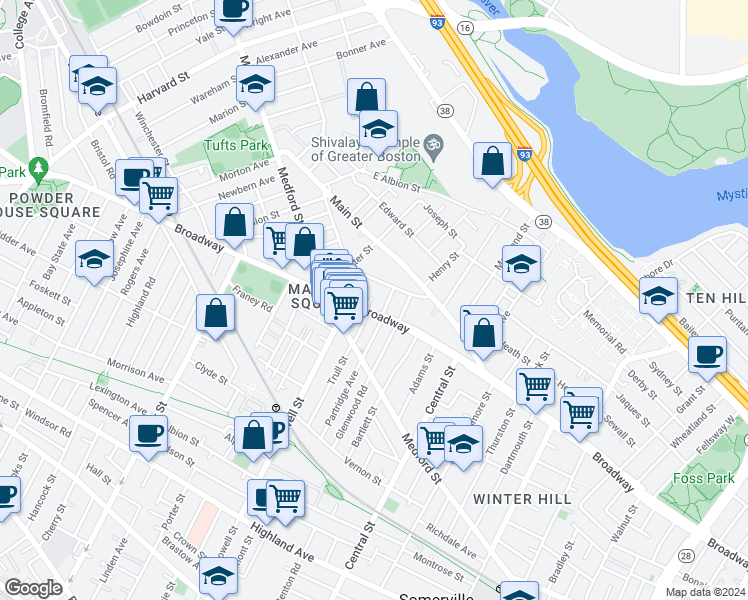 map of restaurants, bars, coffee shops, grocery stores, and more near 89 Bow Street in Medford