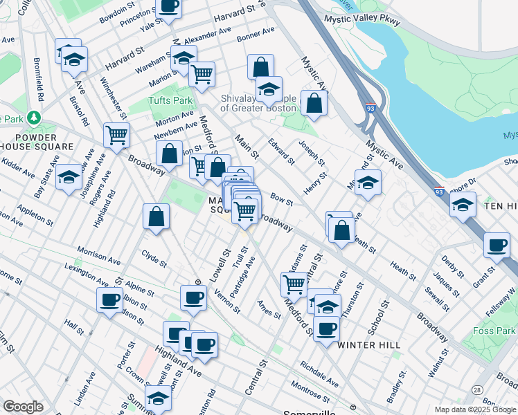 map of restaurants, bars, coffee shops, grocery stores, and more near 483 Broadway in Medford