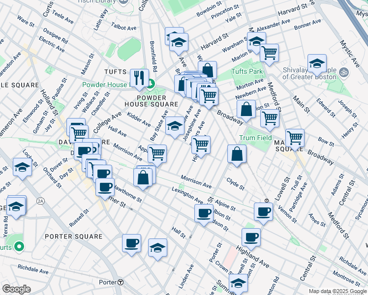 map of restaurants, bars, coffee shops, grocery stores, and more near 65 Josephine Avenue in Somerville
