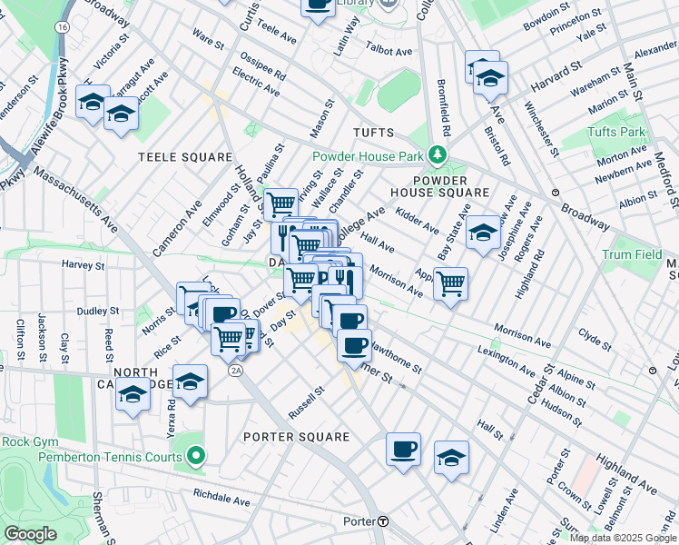 map of restaurants, bars, coffee shops, grocery stores, and more near 10 Winslow Avenue in Somerville