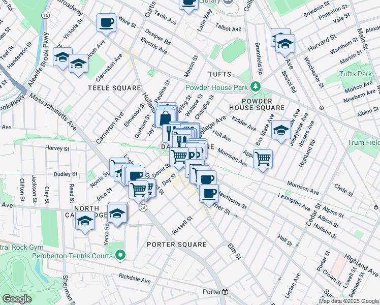 map of restaurants, bars, coffee shops, grocery stores, and more near in Somerville
