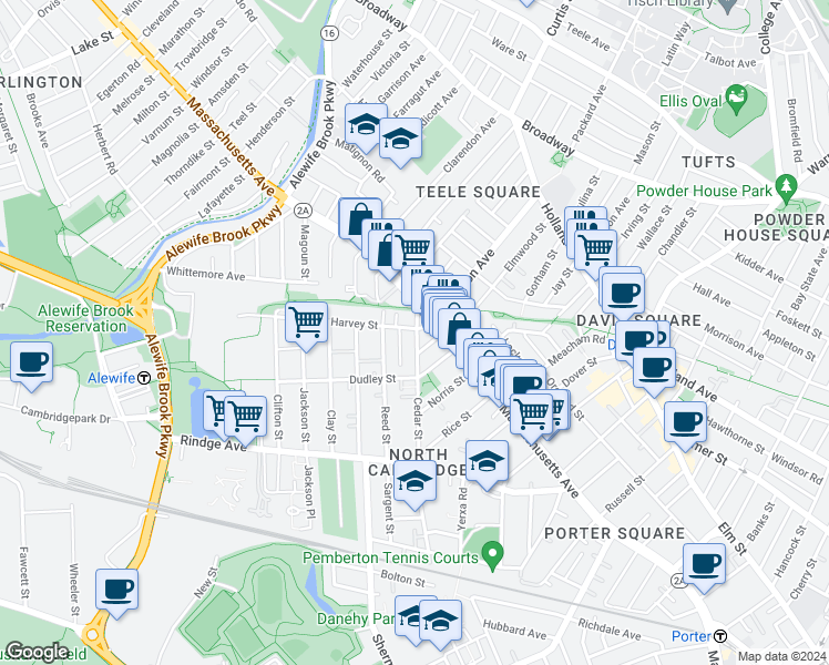 map of restaurants, bars, coffee shops, grocery stores, and more near 35 Harvey Street in Cambridge