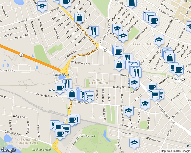map of restaurants, bars, coffee shops, grocery stores, and more near 190 Harvey Street in Cambridge